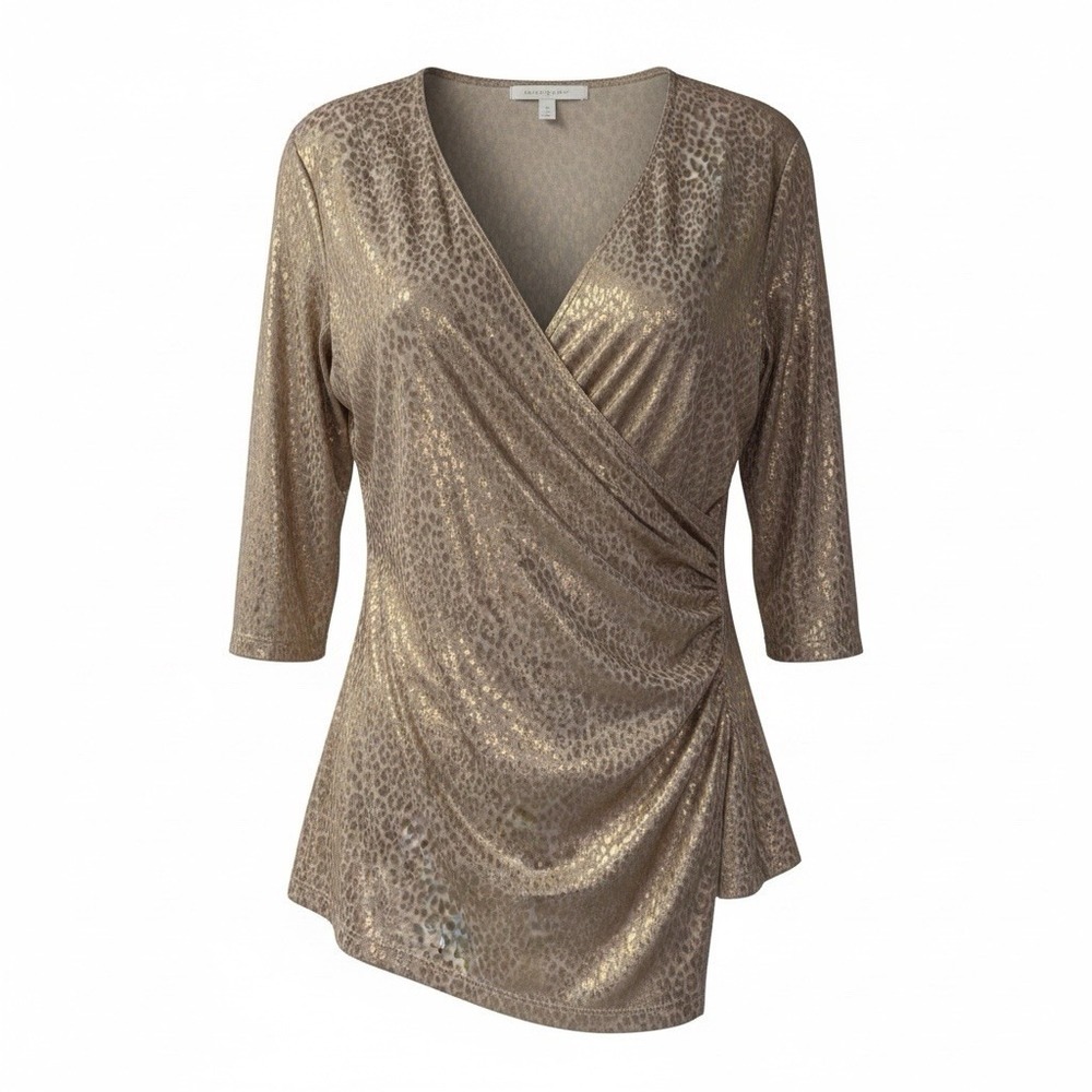 Chico's Travelers Draped Surplice Top Beige Gold Animal Foil Size 3 XL 570089810